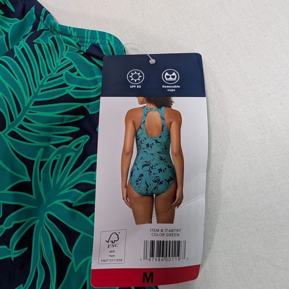 Lands' End Women One Piece Swimsuit M Green Tropical Palm High Neck 1748797
